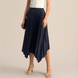 Dark Blue Pleated Midi Real Silk Skirt